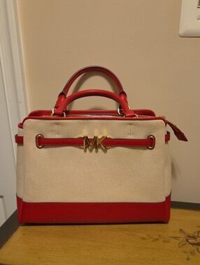 Michael Kors Reed Cream Canvas Satchel with Red Trim